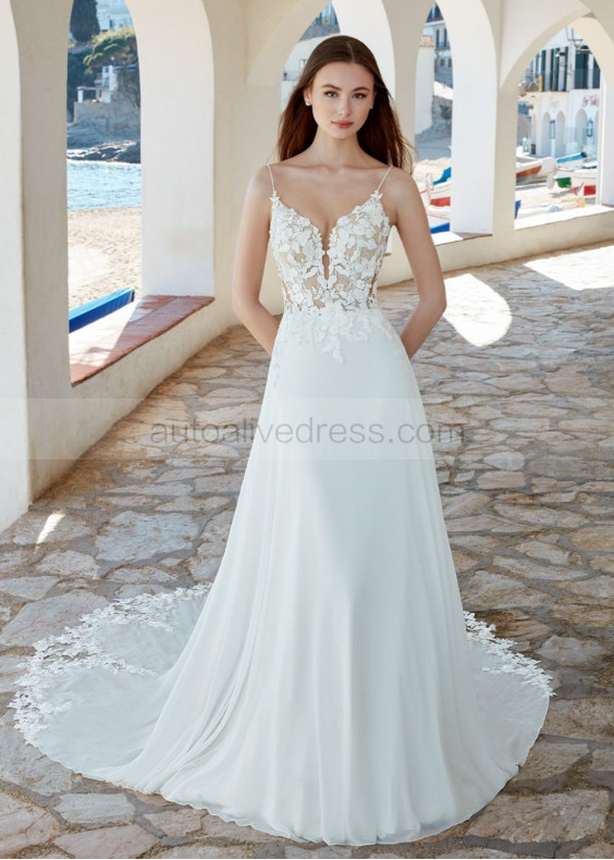 Ivory Floral Lace Chiffon Wedding Dress With Scalloped Train